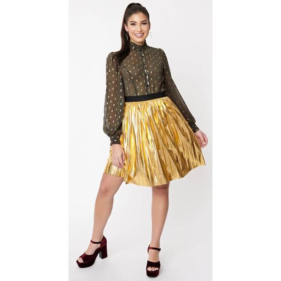 Smak Parlour Unique Vintage Gold Day Tripper Flare Mini Skirt S NWOT - Picture 2 of 5